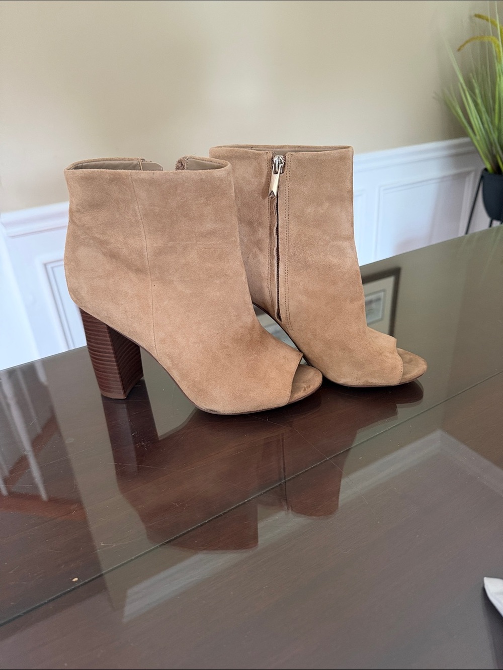 Sam Edelman Tan Suede Peep-Toe Ankle Booties